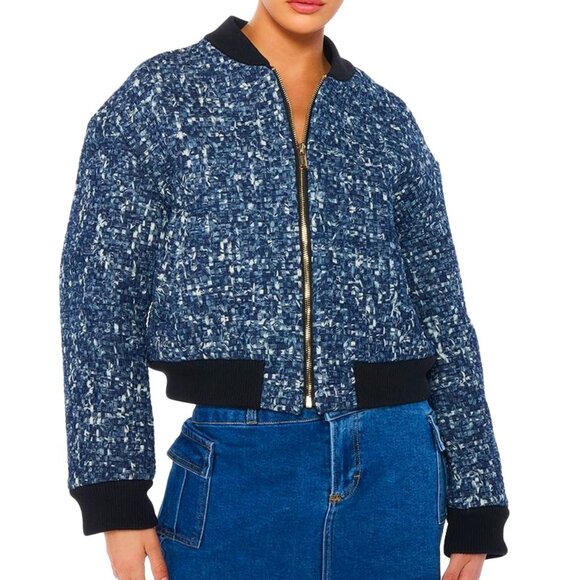 Callie Lives Miz Micro Denim Blue Pixel Weave Akira Bomber Jacket Coat SMALL - Picture 2 of 7